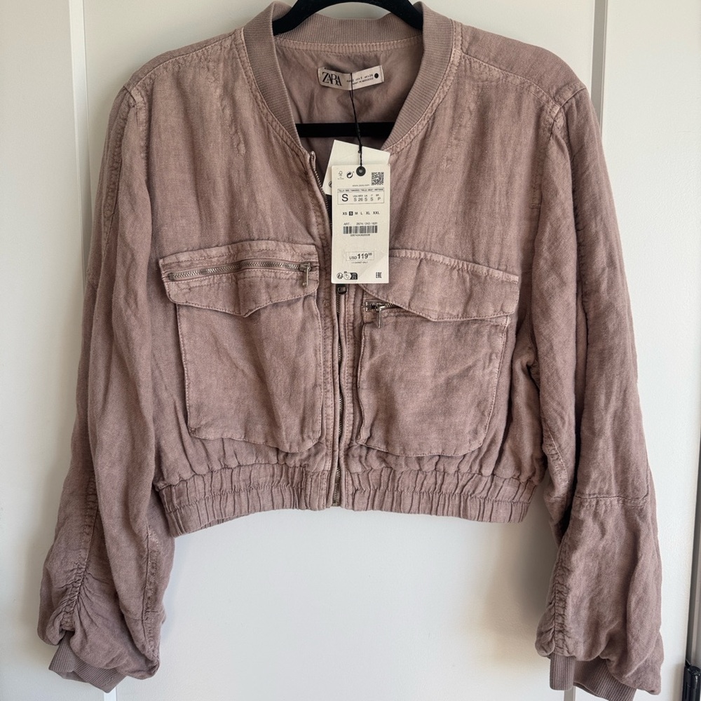 NWT Zara Greta Linen Bomber Jacket - size small - mauve/light pink - Picture 7 of 14
